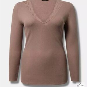 Ribbed V-Neck Lace Trim Long Sleeve Top - Dusty Rose